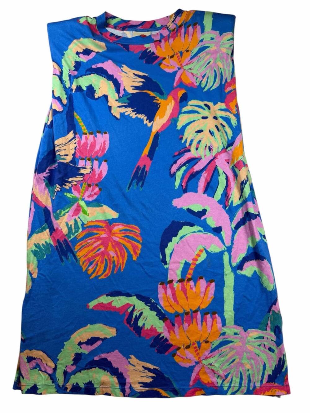 FARM Rio Tropical Bird Print Padded Shoulder Muscle Mini Dress Blue S
